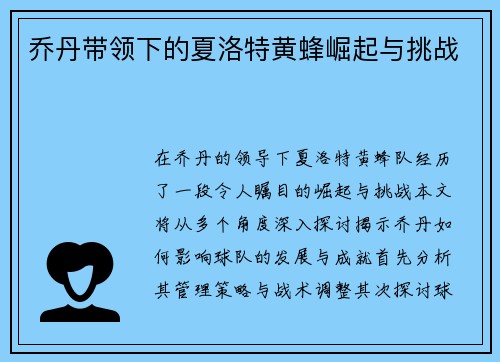 乔丹带领下的夏洛特黄蜂崛起与挑战