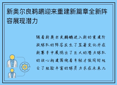 新奥尔良鹈鹕迎来重建新篇章全新阵容展现潜力
